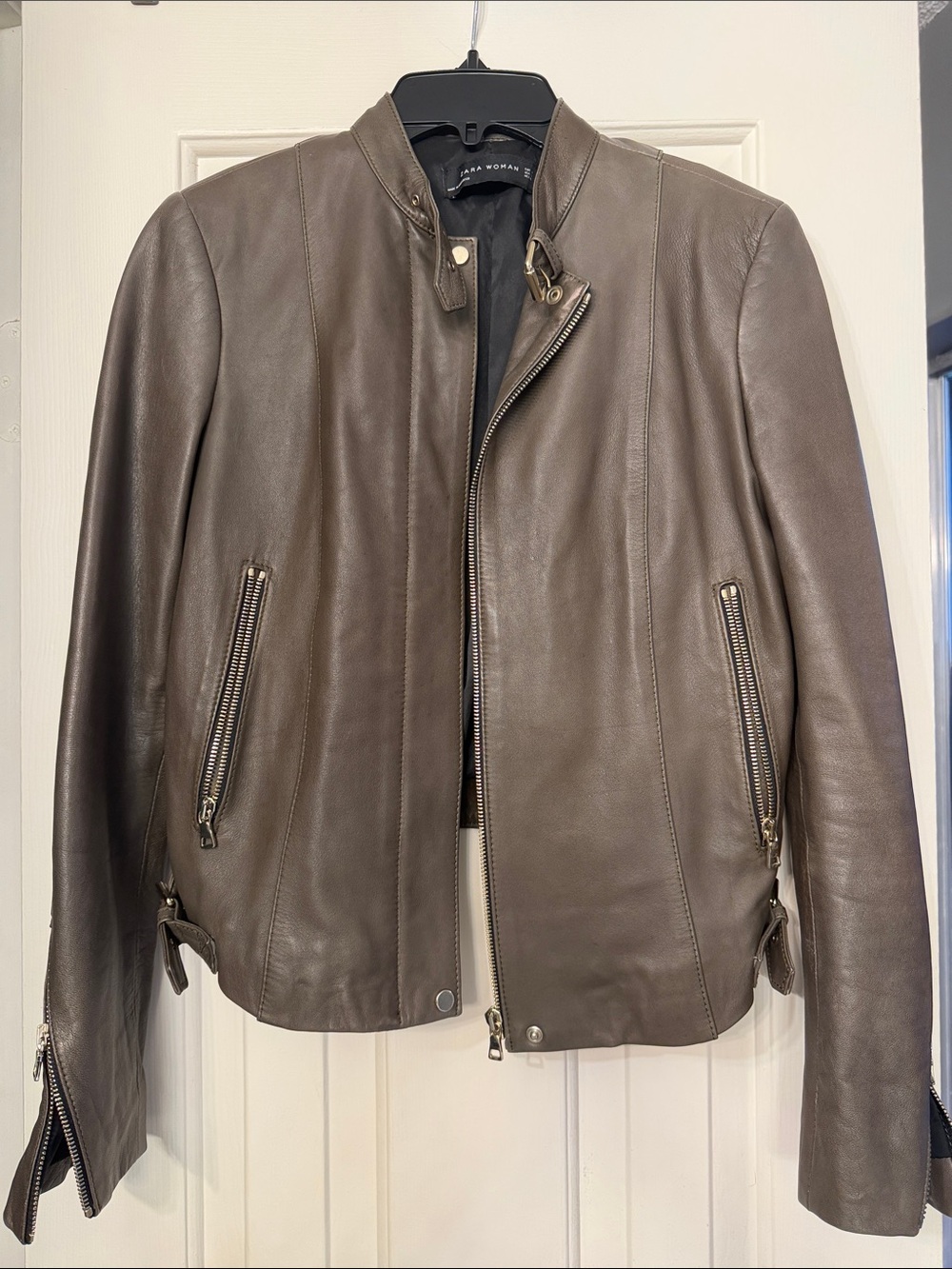 Zara Taupe Leather Biker Jacket